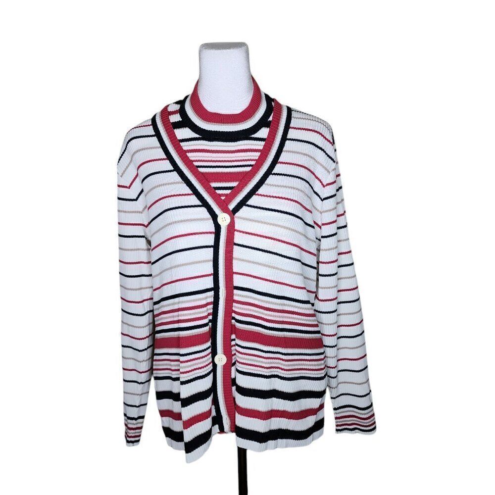 Vintage 1970s Tank Long Sleeve Sweater Set Striped Womens Size L White Red Ribbe